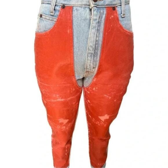 Vintage Early 1990s High-Waisted Mom Jeans – Light Wash Denim with Orange Leathe - Picture 8 of 10
